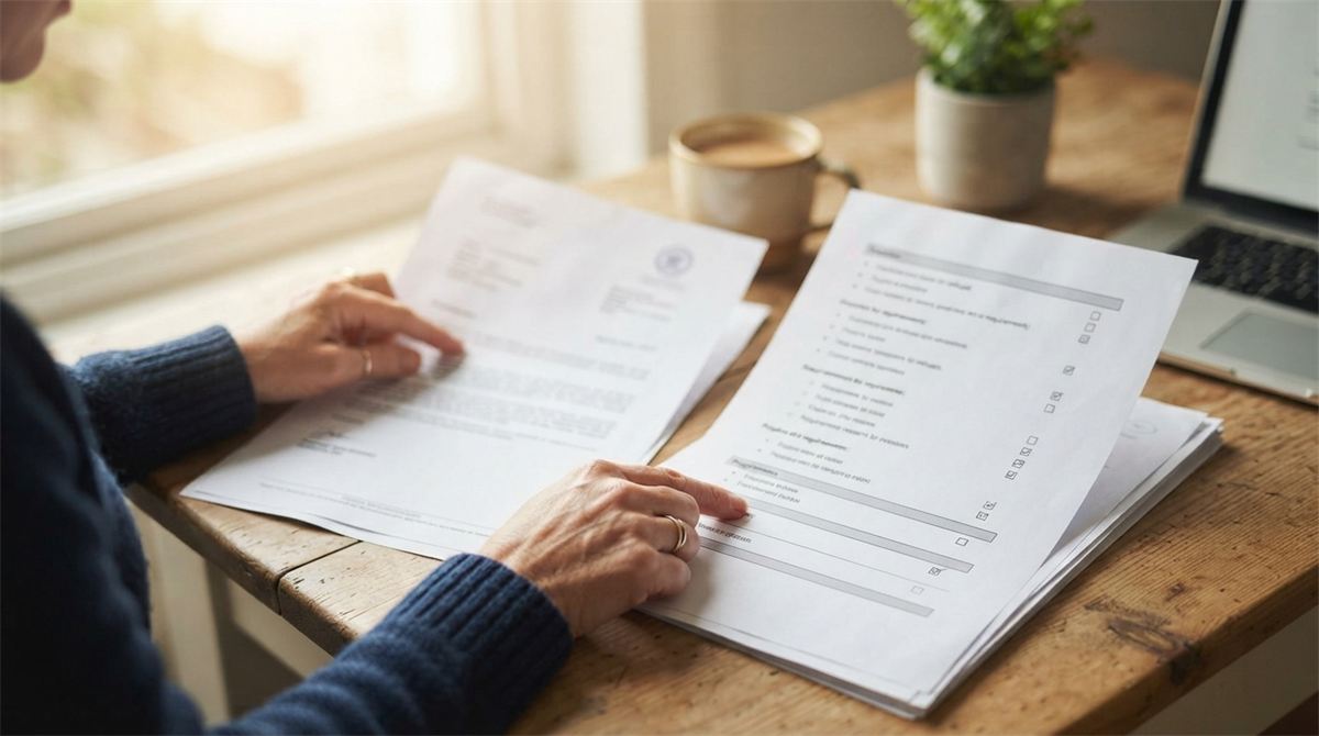 Hands comparing a visa refusal letter with a response checklist (illustration)