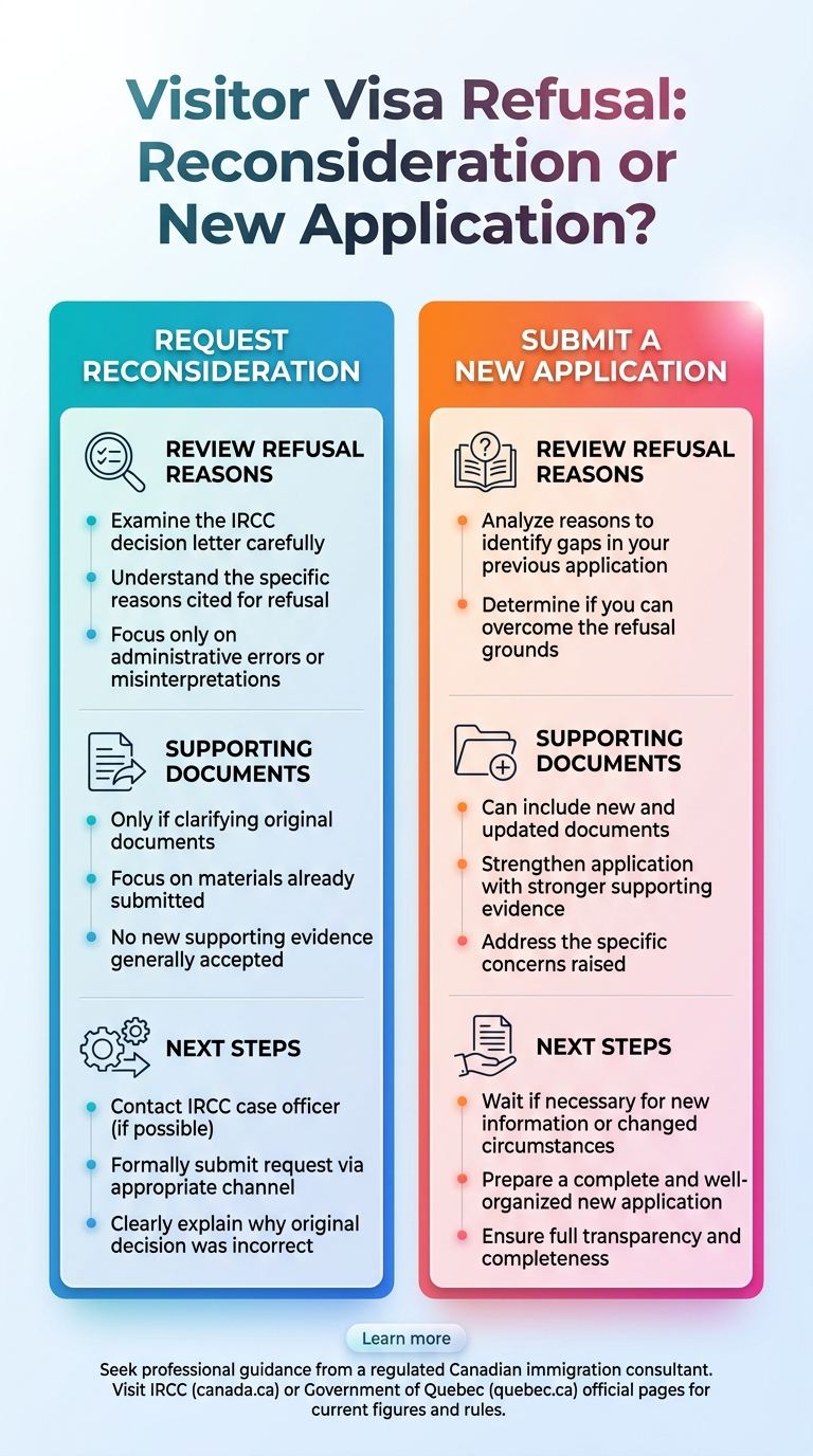 Infographic comparing a reconsideration request with a new application after a visitor visa refusal (illustration)