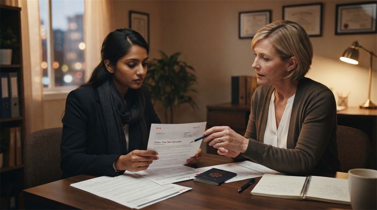 An applicant discusses a refusal letter and supporting documents with an adviser (illustration)
