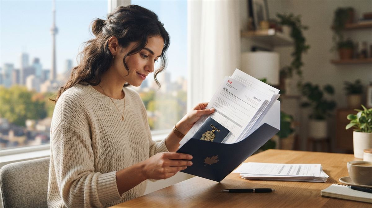 A traveller places a passport and organized application papers into a folder (illustration)