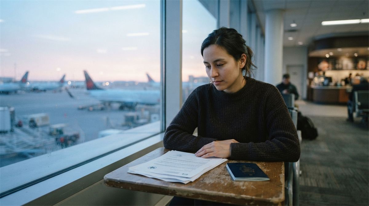 A person studies a refusal letter beside a passport at an airport window (illustration)