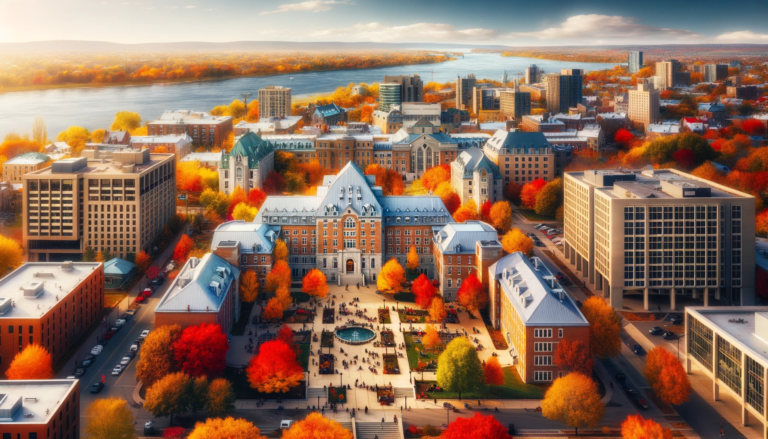 An aerial view of a university campus in Quebec, Canada during autumn